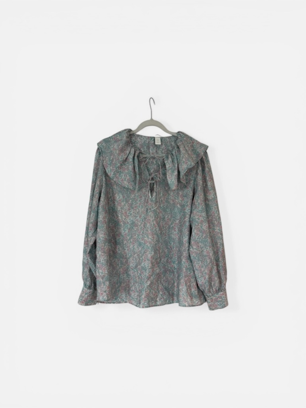 H&M Teal and Pink Floral Tie-Neck Blouse